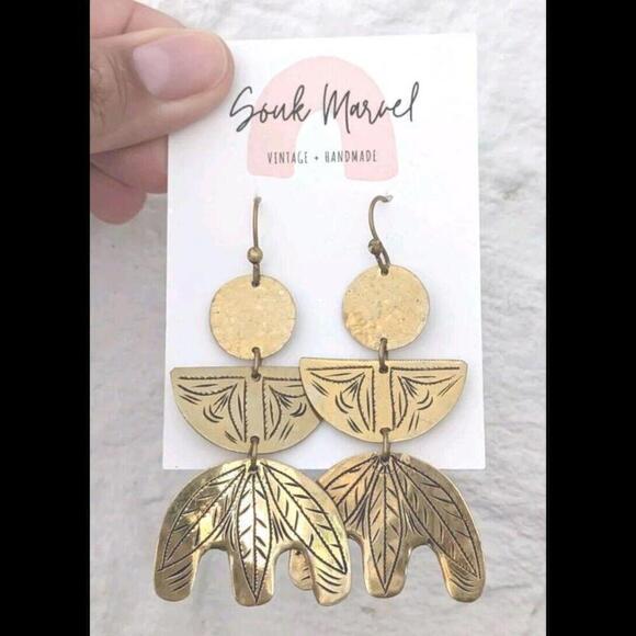 Handmade In Morocco Artisan Etched Tribal Geometric Dangle Earrings Boho Gift - Picture 1 of 2